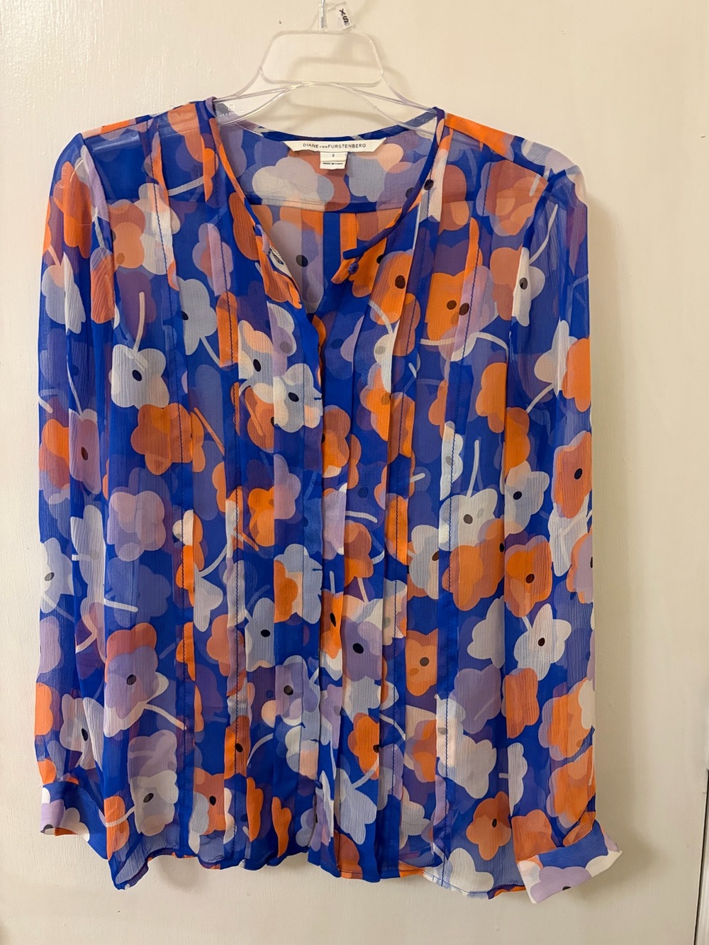 Diane Von Furstenberg Blue and Orange Floral Sheer Blouse